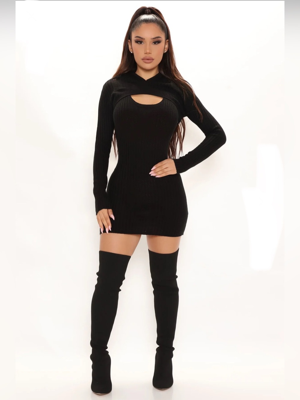 fashion nova no rules sweater mini dress set NWT size L black